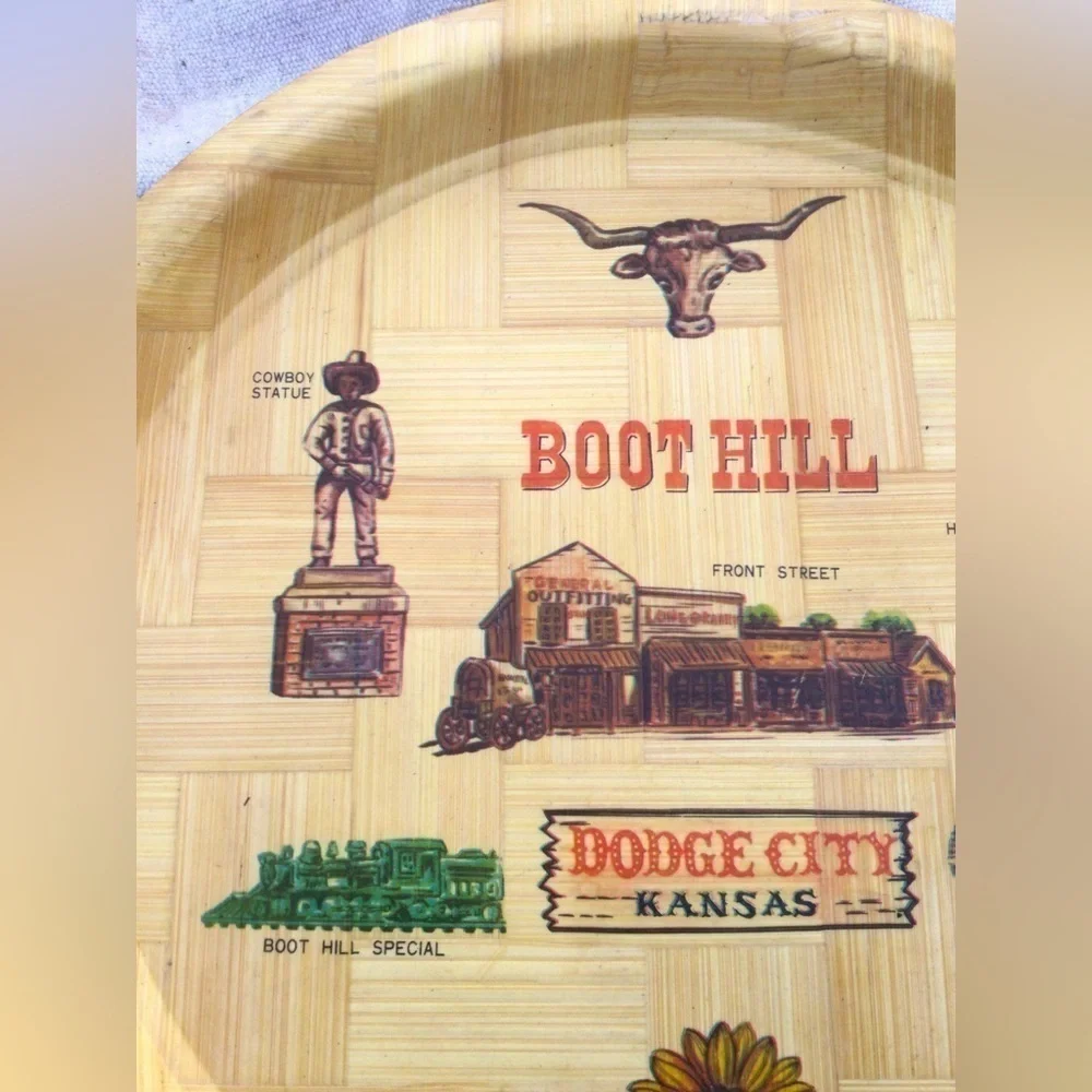 Vintage 13” Dodge city Kansas bamboo plate Boot Hill‎ Midwest Route 66 boho MCM